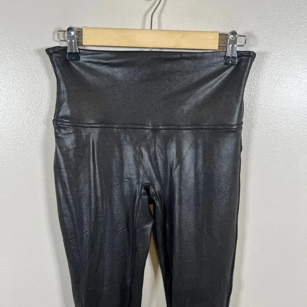 Spanx Faux Leather Leggings Size Large Black High Rise Slimming Shaping Stretch - Picture 4 of 10